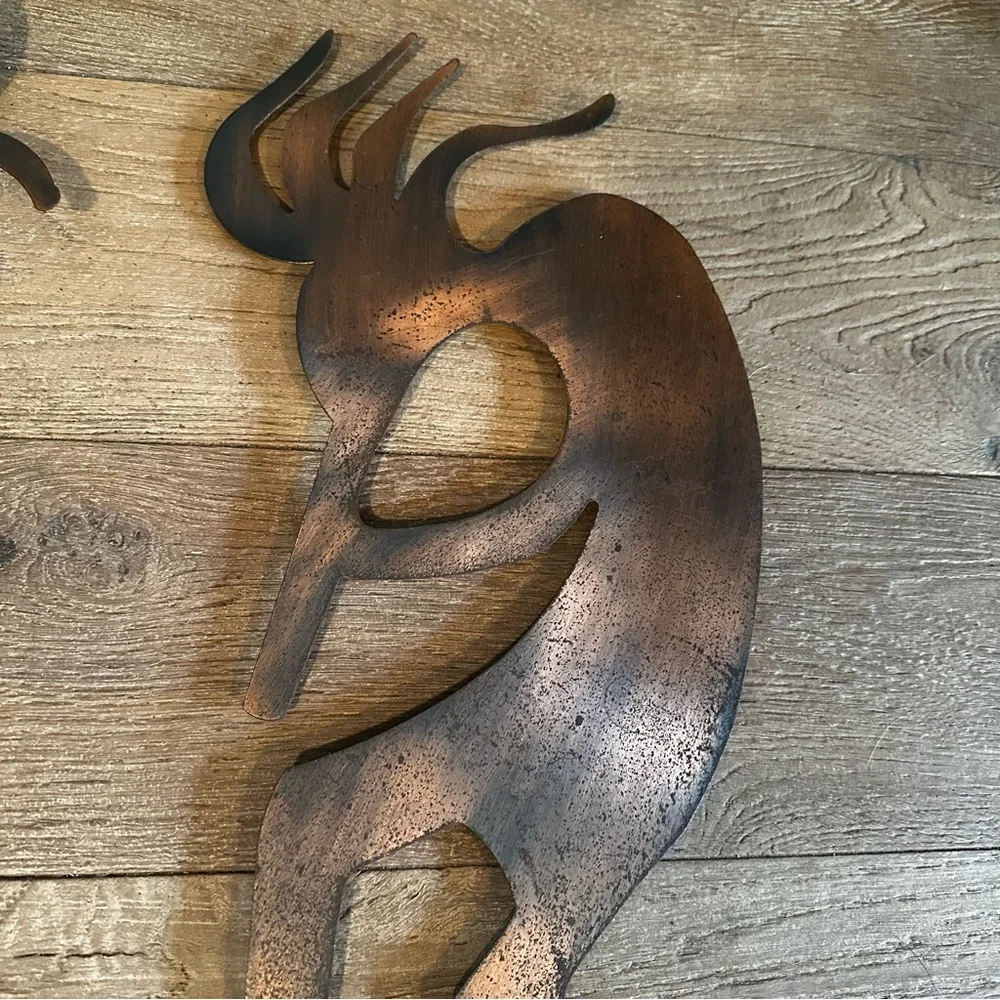 Vintage Large Kokopelli Metal Wall Art Pair Of 2 Copper Finish Boho Musician 20”